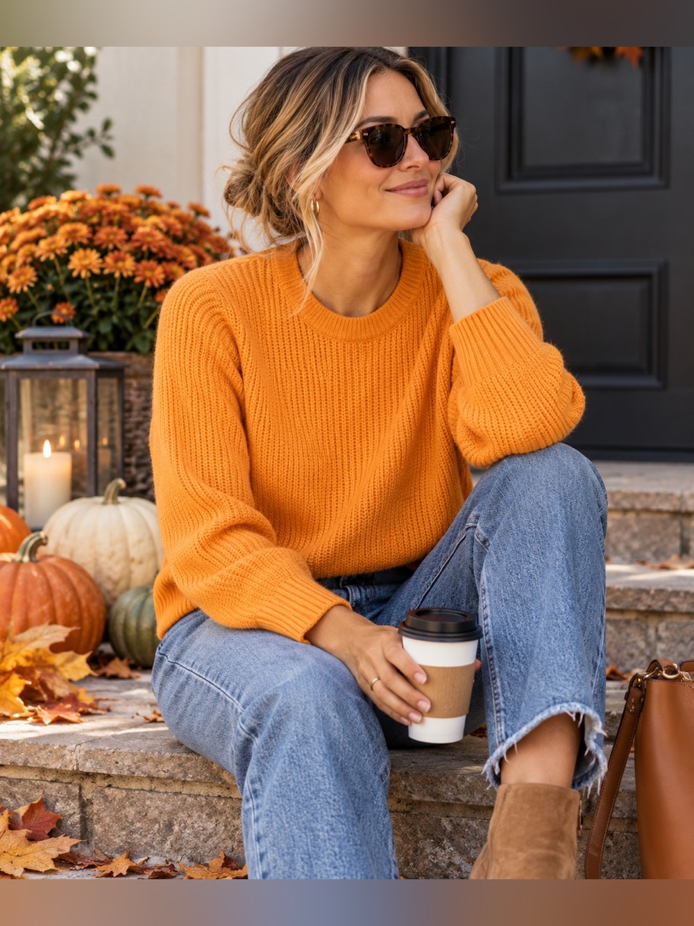 White & Warren 100% Cashmere Fine Knit Crewneck Sweater - Bright Fall Orange